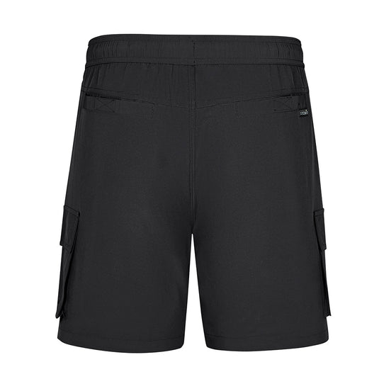 Syzmik Streetworx Stretch Board Short featuring multiple pockets with drainage holes, a contrast drawstring waist, and reflective branding, designed for comfort and functionality at work and during water activities.
