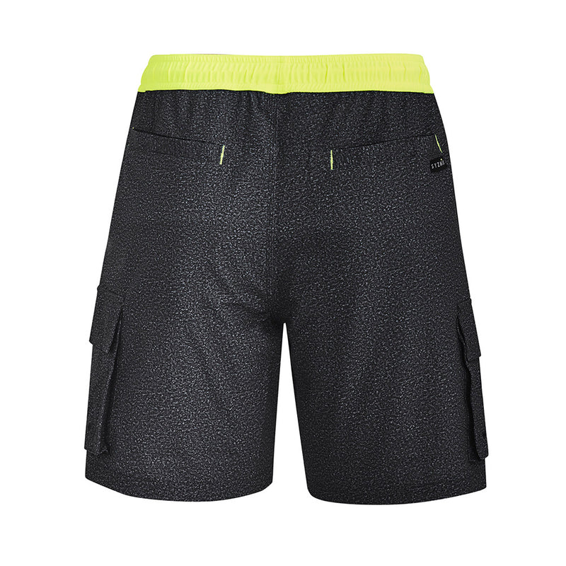 Load image into Gallery viewer, Syzmik Streetworx Stretch Board Short featuring black fabric with yellow trim, designed for work and surf with quick-dry, 360-degree stretch, multiple pockets with drainage, and reinforced stress points.