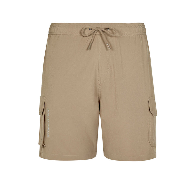 Load image into Gallery viewer, Syzmik Streetworx Stretch Board Short featuring a tan design with a drawstring waist, cargo and hip pockets, and reinforced stress points, highlighting its versatile use in work and surf environments.