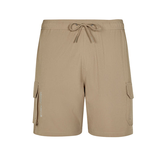 Syzmik Streetworx Stretch Board Short featuring a tan design with a drawstring waist, cargo and hip pockets, and reinforced stress points, highlighting its versatile use in work and surf environments.