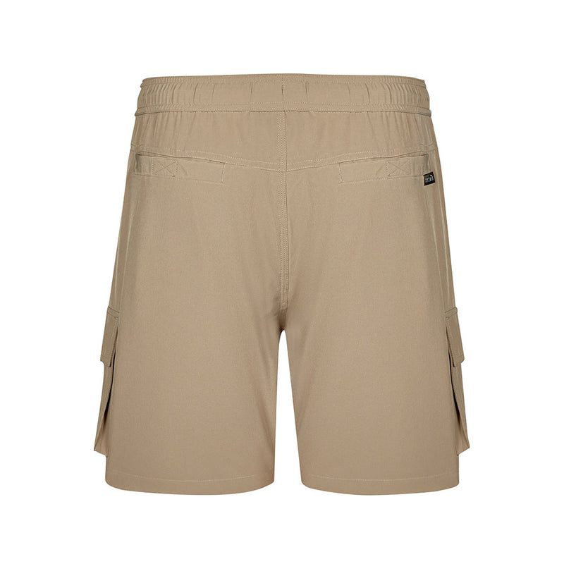 Load image into Gallery viewer, Syzmik Streetworx Stretch Board Short featuring tan color, multiple pockets with drainage holes, and reinforced stitching; designed for active workplace wear with 360-degree stretch and quick-dry fabric.