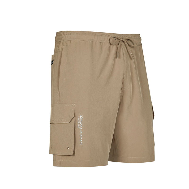 Load image into Gallery viewer, Syzmik Streetworx Stretch Board Short featuring a tan color, drawstring waist, cargo and mobile phone pockets with drainage holes, and reflective branding, designed for comfort and durability in active work environments.