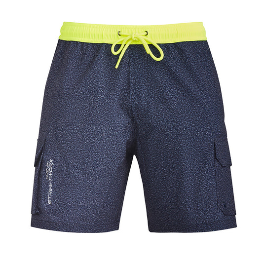 Syzmik Streetworx Stretch Board Short featuring a yellow drawstring, mobile phone pocket, and quick-dry fabric, ideal for active work environments and surfing.