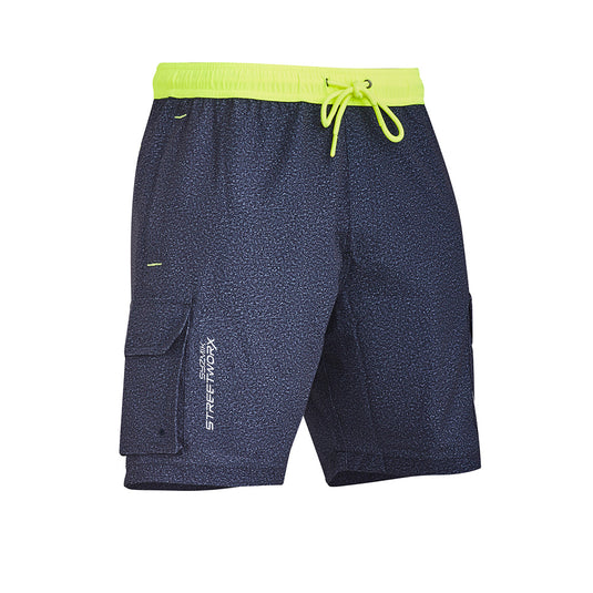 Syzmik Streetworx Stretch Board Short featuring a yellow belt, designed with quick-dry, 360-degree stretch fabric. Includes mobile phone and cargo pockets with drainage, ideal for work and surf activities.