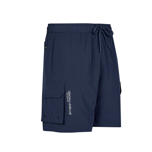 Syzmik Streetworx Stretch Board Short featuring a drawstring waist and multiple pockets with drainage holes, designed for workplace flexibility and quick-drying comfort, ideal for active and safety-conscious environments.