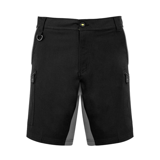 Syzmik Mens Streetworx Stretch Shorts featuring a sleek black design with grey trim, crafted from soft stretch cotton for comfort and mobility, ideal for active work environments.