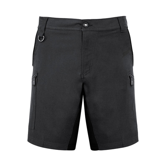 Syzmik Mens Streetworx Stretch Shorts feature a modern design with pockets and a belt, crafted from soft stretch cotton for comfort and mobility, ideal for active work environments.
