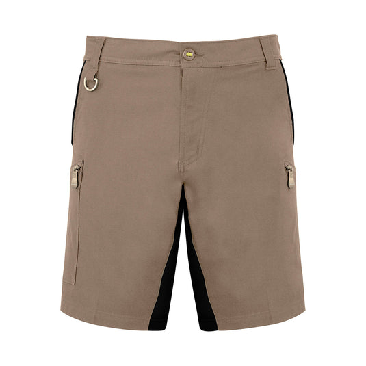 Syzmik Mens Streetworx Stretch Shorts featuring zipper pockets and a modern design. Made from soft stretch cotton with inner leg poly-spandex panels, ideal for comfort and enhanced movement.