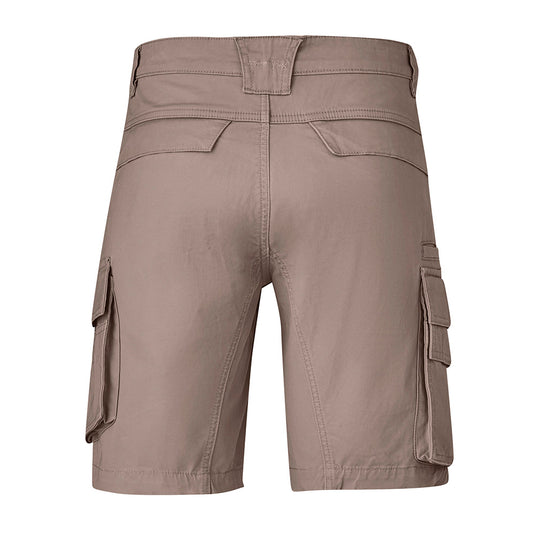 Syzmik Streetworx Curved Cargo Short featuring multiple pockets, including two large cargo pockets with flap closures and a mobile phone pocket, designed for comfort and functionality with a modern straight fit.