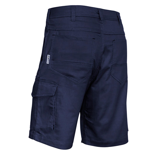 Syzmik Rugged Cooling Vented Short features a back view of blue cargo shorts highlighting multi-functional pockets and reinforced stress points, emphasizing its durability and functionality for safety and work environments.