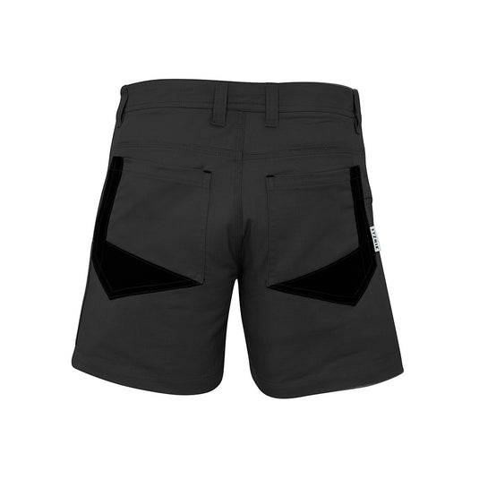 Syzmik Rugged Cooling Mid Thigh Short features durable black fabric, black pockets, modern shorter fit, and a mobile phone pocket, ideal for safety and workwear needs.