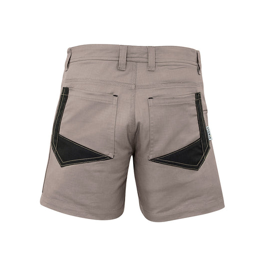 Syzmik Rugged Cooling Mid Thigh Short featuring black pockets, close-up of pocket detail highlighting mobile phone pocket and durable fabric weave, designed for freedom of movement and modern fit.