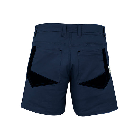 Syzmik Rugged Cooling Mid Thigh Short featuring a black pocket detail and mechanical stretch for enhanced movement, designed for safety and comfort in workplace settings. Includes a mobile phone pocket.