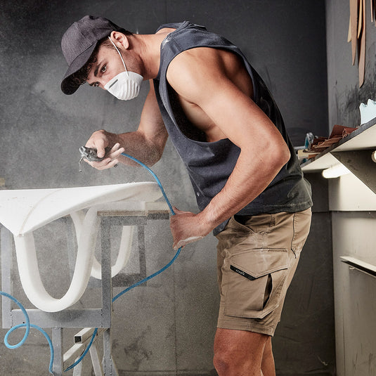 Syzmik Mens Rugged Cooling Stretch Short featuring durable ripstop construction, modern straight fit, large cargo pocket, multi-tool pocket, and ample storage options, ideal for active work environments.