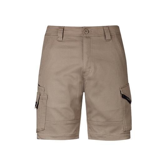 Syzmik Mens Rugged Cooling Stretch Short featuring a durable ripstop fabric and a modern straight fit, equipped with large cargo and multi-tool pockets, ideal for active workplace environments.