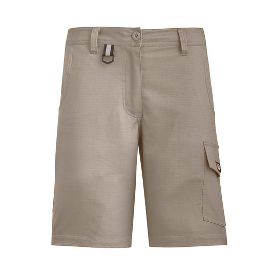 Syzmik Womens Rugged Cooling Vented Short featuring a belt, reinforced stress points, six pockets including mobile and ruler slots, and a plastic D hoop, designed for comfort and utility in work environments.