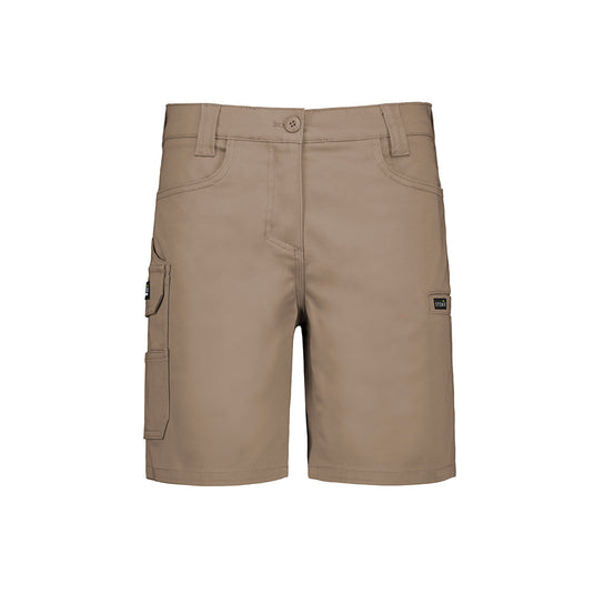 Syzmik Womens Essential Stretch Cargo Short featuring a slim fit above-knee design, triple-stitched seams, multiple pockets for utility, and a comfortable stretch waistband, ideal for safety and work environments.