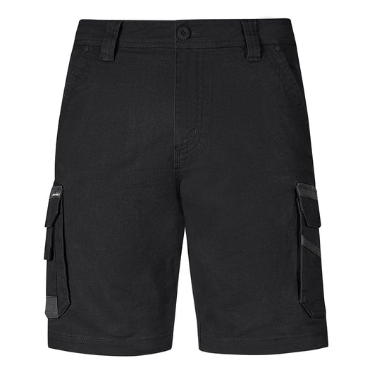 Syzmik Streetworx Heritage Short featuring two large cargo pockets with side bellows, a ruler pocket, and a mobile phone pocket with flap closure, ideal for durable, flexible workwear.
