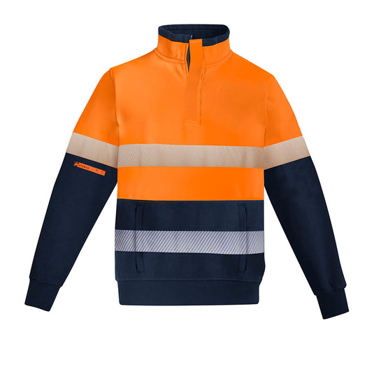 Syzmik HRC 2 1/4 Zip Day/Night Brushed Fleece features bright fluorescent orange and navy panels with reflective stripes, FR-rated zippers, and a front pocket, suitable for safety-focused work environments.