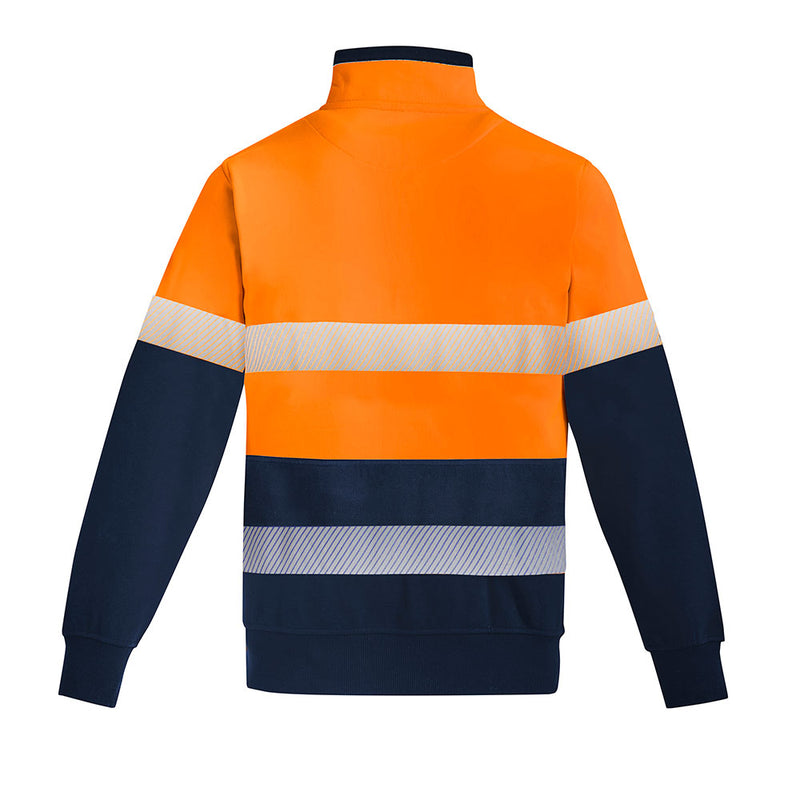 Load image into Gallery viewer, Syzmik HRC 2 1/4 Zip Day/Night Brushed Fleece, showcasing a bright upper and dark lower with reflective stripes, long sleeves, and ribbed cuffs, designed for high visibility and safety compliance.