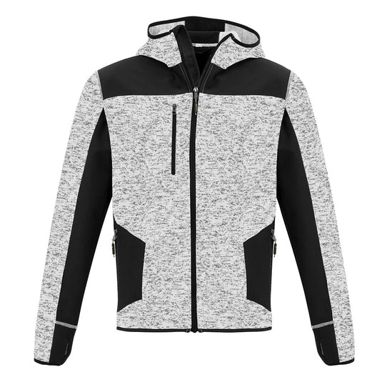 Syzmik Streetworx Knit Hoodie featuring a black and white design with reinforced soft shell panels on high-wear areas, thumb holes in sleeves, and multiple zip pockets for secure storage.