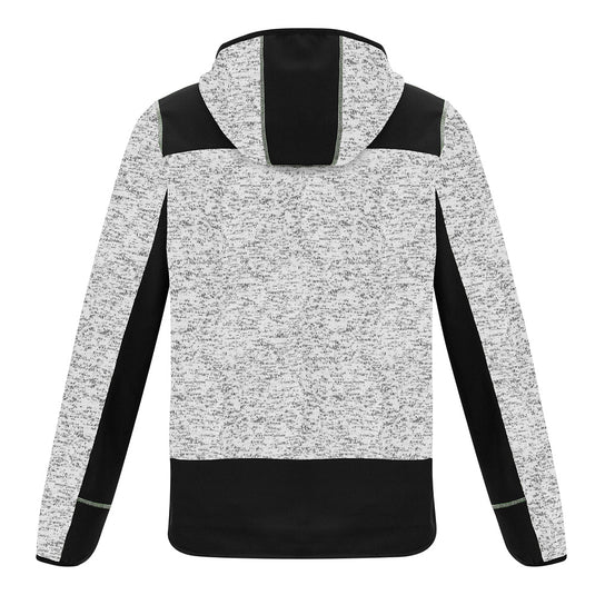 Syzmik Streetworx Knit Hoodie with black and white knitted pattern, featuring reinforced soft shell panels, thumb holes, and multiple zip pockets, ideal for safety-focused active work environments.