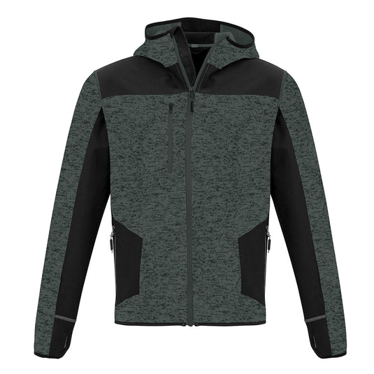 Syzmik Streetworx Knit Hoodie featuring a hood, thumb holes, and reinforced soft shell panels. Ideal for secure item storage with two hip zip pockets and a chest phone pocket.