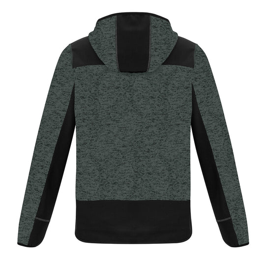 Syzmik Streetworx Knit Hoodie featuring a black and grey design with a warm knitted fleece body, reinforced softshell panels, and functional zip pockets, ideal for safety and workwear needs.
