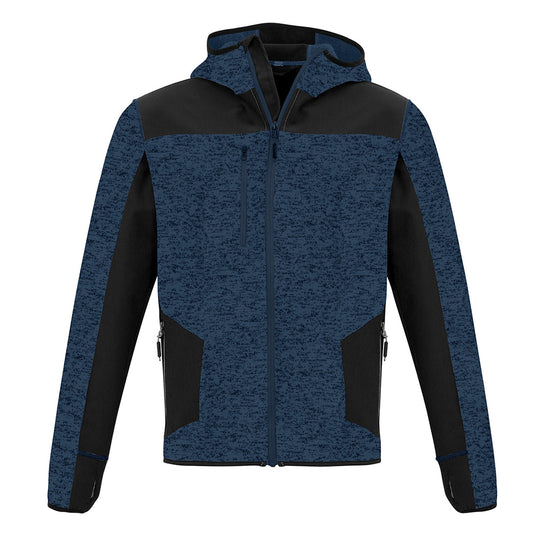 Syzmik Streetworx Knit Hoodie featuring a blue and black design, with reinforced soft shell panels, thumb holes, and multiple zip pockets, ideal for durable and practical workplace wear.