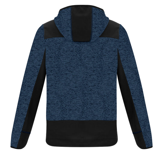 Syzmik Streetworx Knit Hoodie featuring durable soft shell panels at high wear areas, thumb holes with softshell reinforcement, and secure zip pockets, ideal for workwear and safety use.