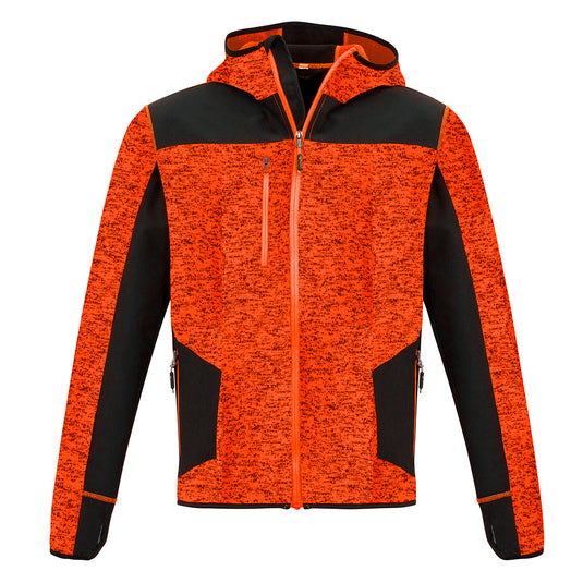Syzmik Streetworx Knit Hoodie with a hood, featuring reinforced soft shell panels, thumb holes for added glove-like coverage, and multiple zip pockets, ideal for safety-focused workwear from Active Safety.