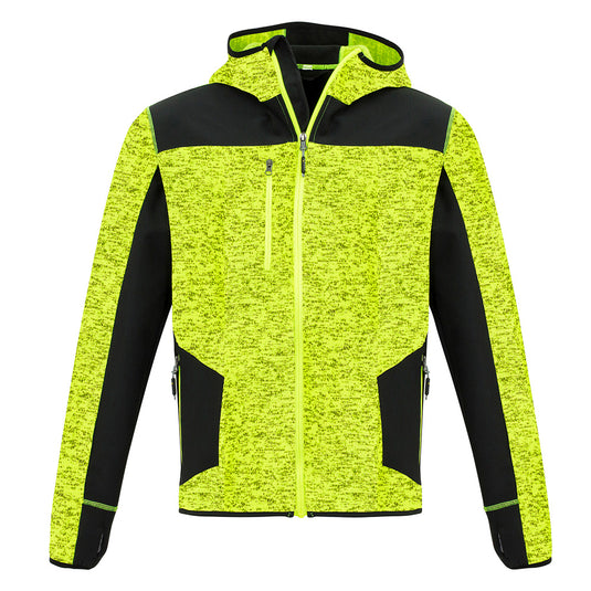 Syzmik Streetworx Knit Hoodie featuring reinforced soft shell panels on high wear areas, thumb holes with built-in glove, and multiple zip pockets, designed for durability and functionality in active work environments.
