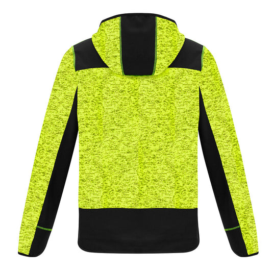 Syzmik Streetworx Knit Hoodie showcasing durable design with reinforced soft shell panels, thumb holes in cuffs, and multiple zip pockets, emphasizing functionality and comfort for active safety and workwear needs.