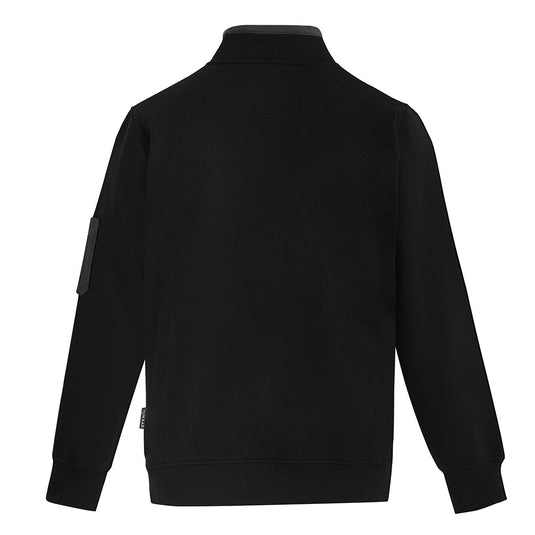 Syzmik 1/4 Zip Brushed Fleece Jumper featuring a patch on the sleeve, two zipped hip pockets, and a woven pen pocket on the arm, ideal for safety and workwear needs.