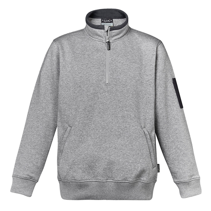 Load image into Gallery viewer, Syzmik 1/4 Zip Brushed Fleece Jumper shown with a half-zip design, featuring two zippered hip pockets and a pen partition pocket on the arm, ideal for workplace utility.