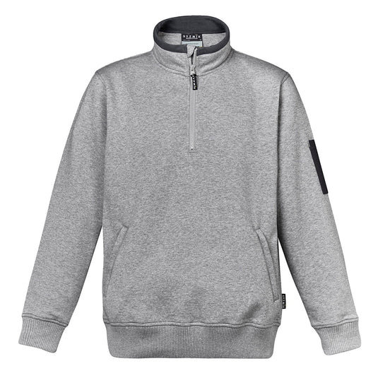 Syzmik 1/4 Zip Brushed Fleece Jumper shown with a half-zip design, featuring two zippered hip pockets and a pen partition pocket on the arm, ideal for workplace utility.