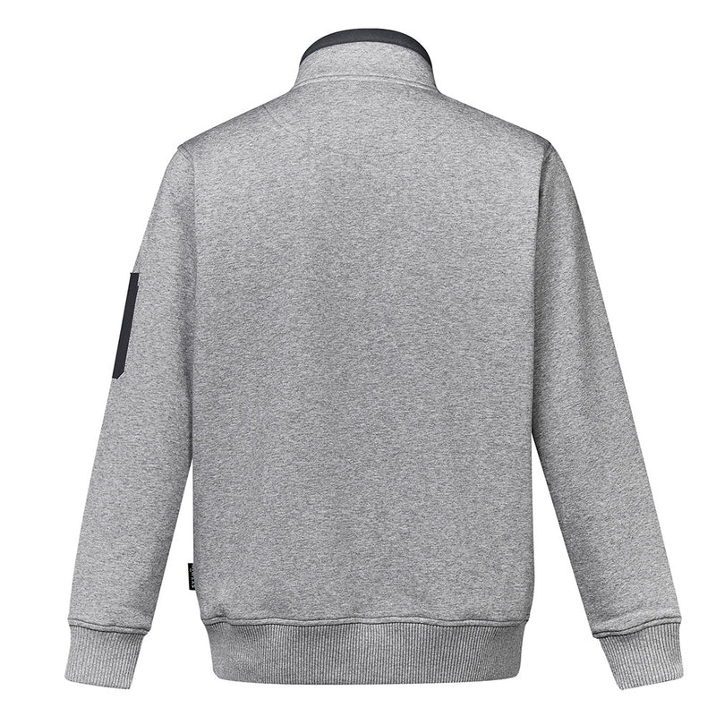 Load image into Gallery viewer, Syzmik 1/4 Zip Brushed Fleece Jumper featuring a grey design with black patches, half zip, zippable hip pockets, and a double pen pocket on the arm, ideal for workplace safety and comfort.