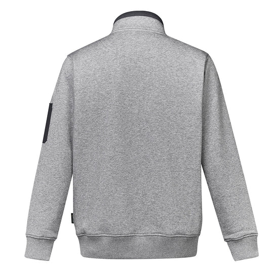 Syzmik 1/4 Zip Brushed Fleece Jumper featuring a grey design with black patches, half zip, zippable hip pockets, and a double pen pocket on the arm, ideal for workplace safety and comfort.