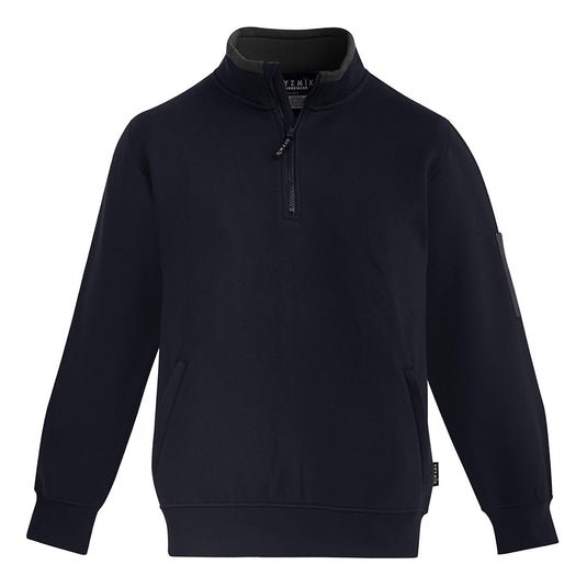 Syzmik 1/4 Zip Brushed Fleece Jumper featuring a half-zip design, dual zippered hip pockets, and arm pen pocket, ideal for workplace utility and comfort, with a chin guard for added warmth.