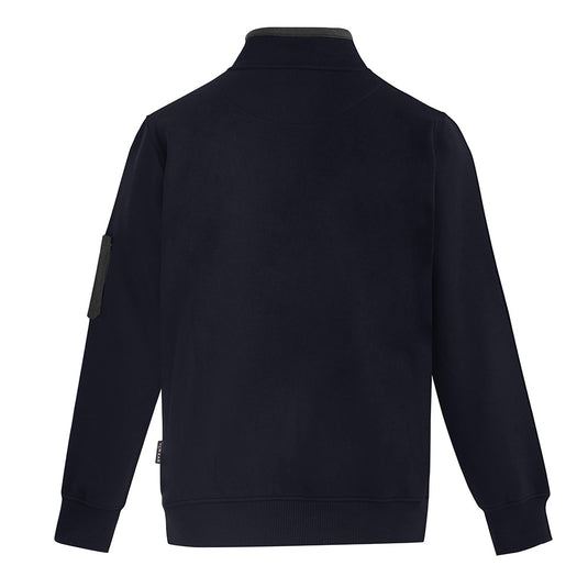 Syzmik 1/4 Zip Brushed Fleece Jumper features a black design with a patch on the sleeve, half zip, and two zippered hip pockets, ideal for safety-focused workwear.