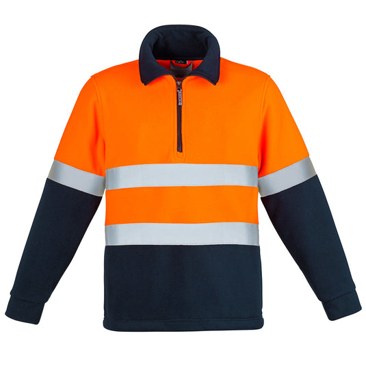 Syzmik Hi Vis Hoop Taped Polar Fleece Jumper featuring reflective tape, a half zip, and comfort cuffs, designed for warmth and visibility. Ideal for workplace safety, with side seam pockets and chunky zip.