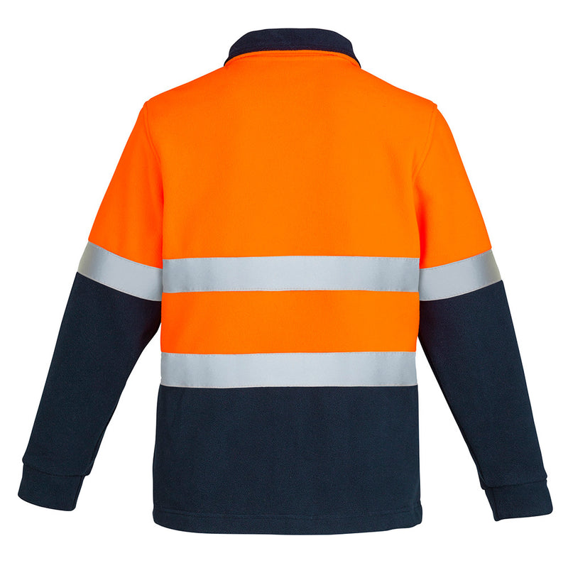Load image into Gallery viewer, Syzmik Hi Vis Hoop Taped Polar Fleece Jumper, shown from the back, features reflective tape in a hooped design, comfort cuffs, and a chunky half zip, ideal for workplace safety and warmth.