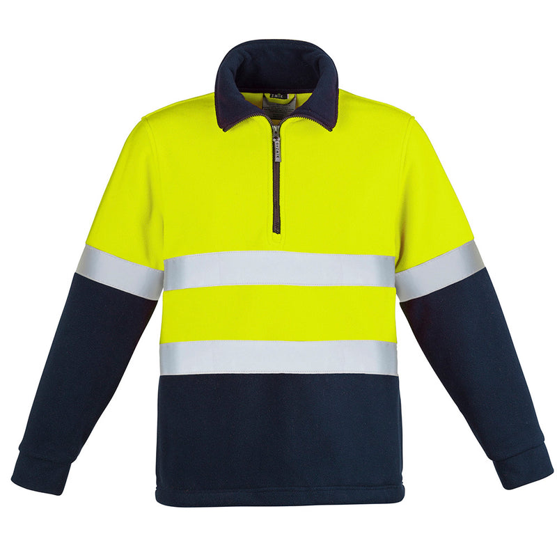 Load image into Gallery viewer, Syzmik Hi Vis Hoop Taped Polar Fleece Jumper features white stripes and reflective tape, designed for safety. This hoodie has a half-zip, side seam pockets, and comfort cuffs for warmth and functionality.