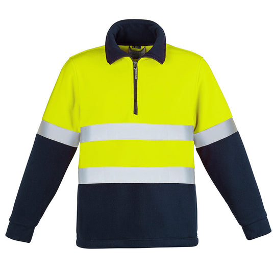 Syzmik Hi Vis Hoop Taped Polar Fleece Jumper features white stripes and reflective tape, designed for safety. This hoodie has a half-zip, side seam pockets, and comfort cuffs for warmth and functionality.