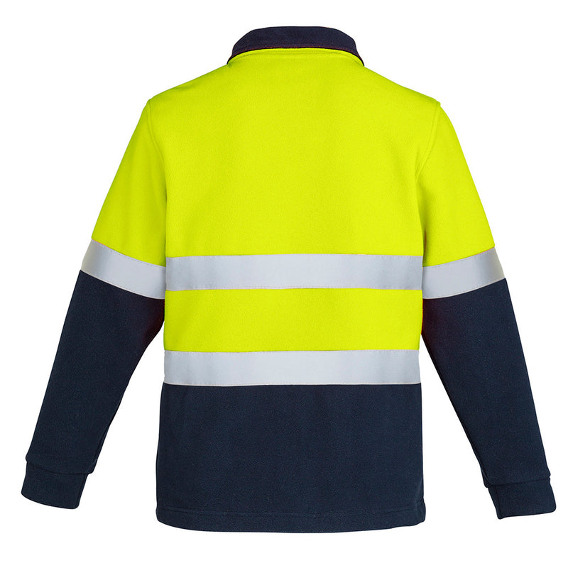 Load image into Gallery viewer, Syzmik Hi Vis Hoop Taped Polar Fleece Jumper with reflective stripes and comfort cuffs, featuring a half zip and side pockets, ideal for safety-focused workplaces.