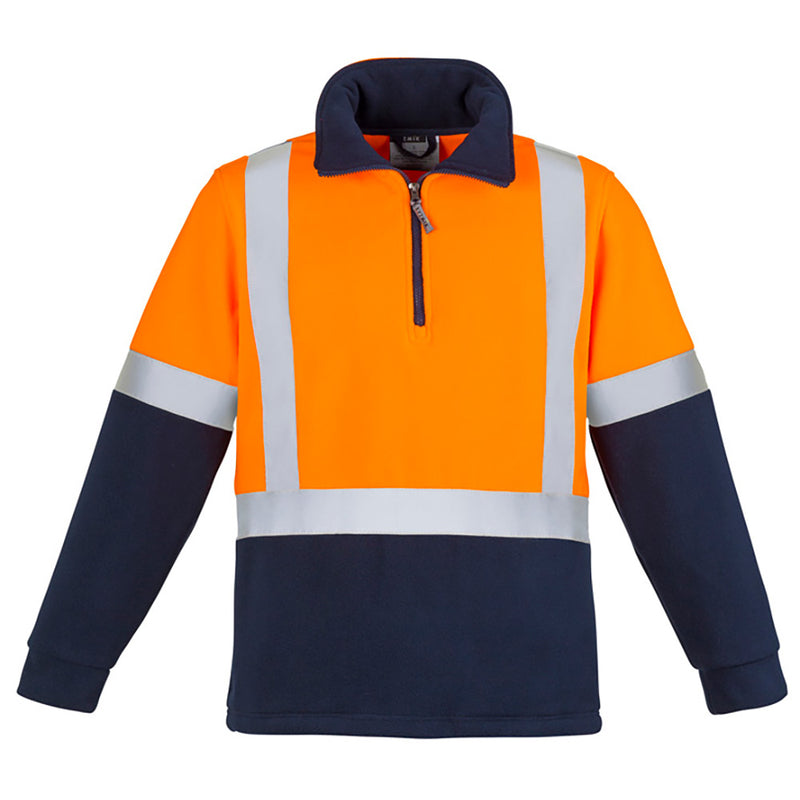 Load image into Gallery viewer, Syzmik Hi Vis Taped Polar Fleece Jumper featuring reflective stripes, half zip, and comfort cuffs. Designed for warmth with side seam pockets and 3M reflective tape for safety, ideal for workplace use.