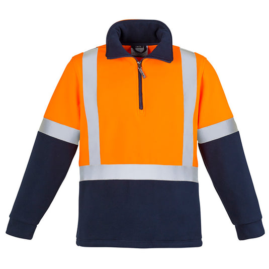 Syzmik Hi Vis Taped Polar Fleece Jumper featuring reflective stripes, half zip, and comfort cuffs. Designed for warmth with side seam pockets and 3M reflective tape for safety, ideal for workplace use.