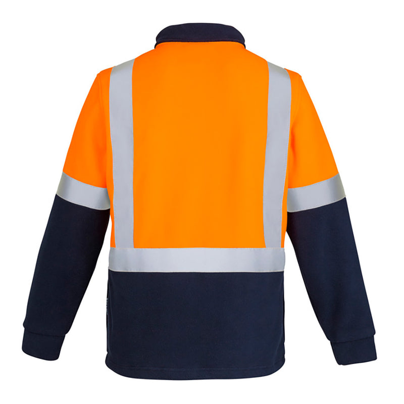 Load image into Gallery viewer, Syzmik Hi Vis Taped Polar Fleece Jumper featuring reflective stripes in H configuration, showcasing a half zip design with comfort cuffs and side seam pockets, ideal for cold weather safety and visibility.