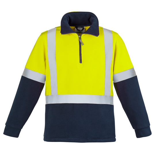 Syzmik Hi Vis Taped Polar Fleece Jumper featuring 3M reflective tape in an H configuration, comfort cuffs, half-zip design, chunky zip, and side seam pockets for warmth. Ideal for safety and comfort.