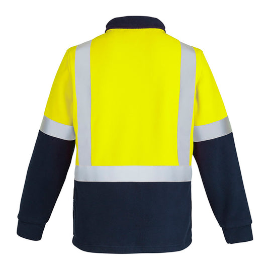Syzmik Hi Vis Taped Polar Fleece Jumper featuring reflective stripes, comfort cuffs, and side seam pockets. Ideal for safety and warmth, this jumper is designed for New Zealand's active work environments.